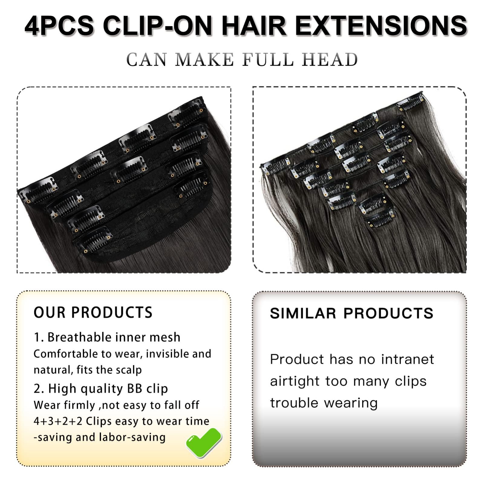 20″ Dark Brown-Black Clip-In Hair Extensions, Soft & Thick, 4pcs for Women