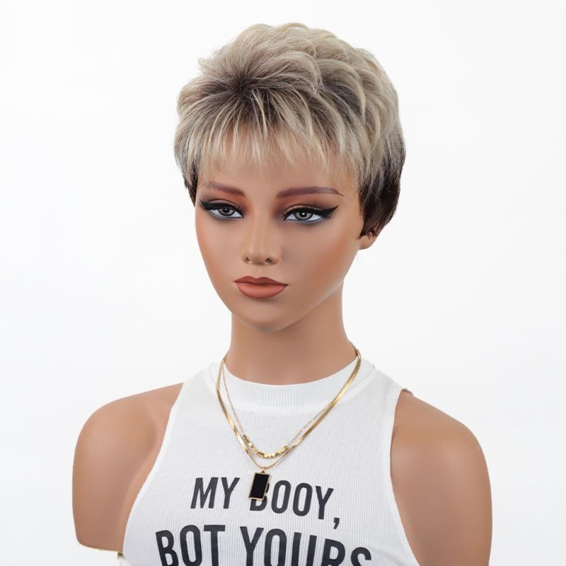 Women’s Wig Ladies Wig Short Dark Brown Golden Black Curly Hair Wigs+Wig Cap