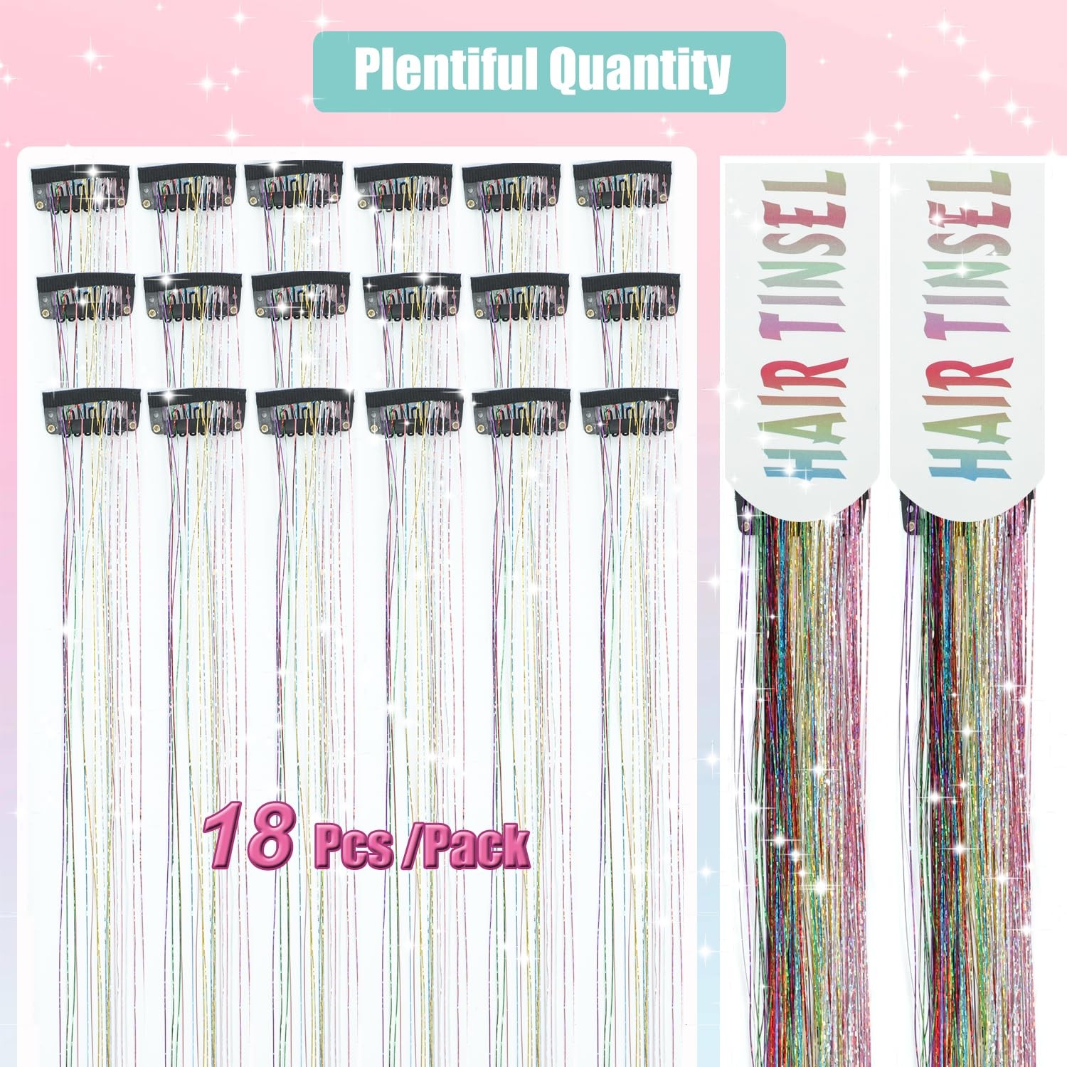 18x Hair Tinsel Clip Extensions 20 Inch Colorful Sparkling Glitter Set for Girls