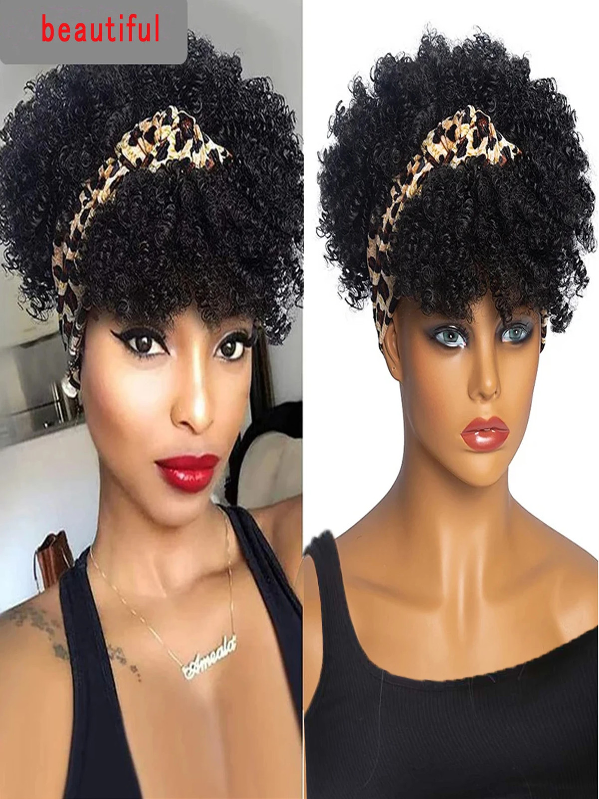 Black Soft Synthetic Short African Curly Wig For Women Headwrap fake Hair Strap