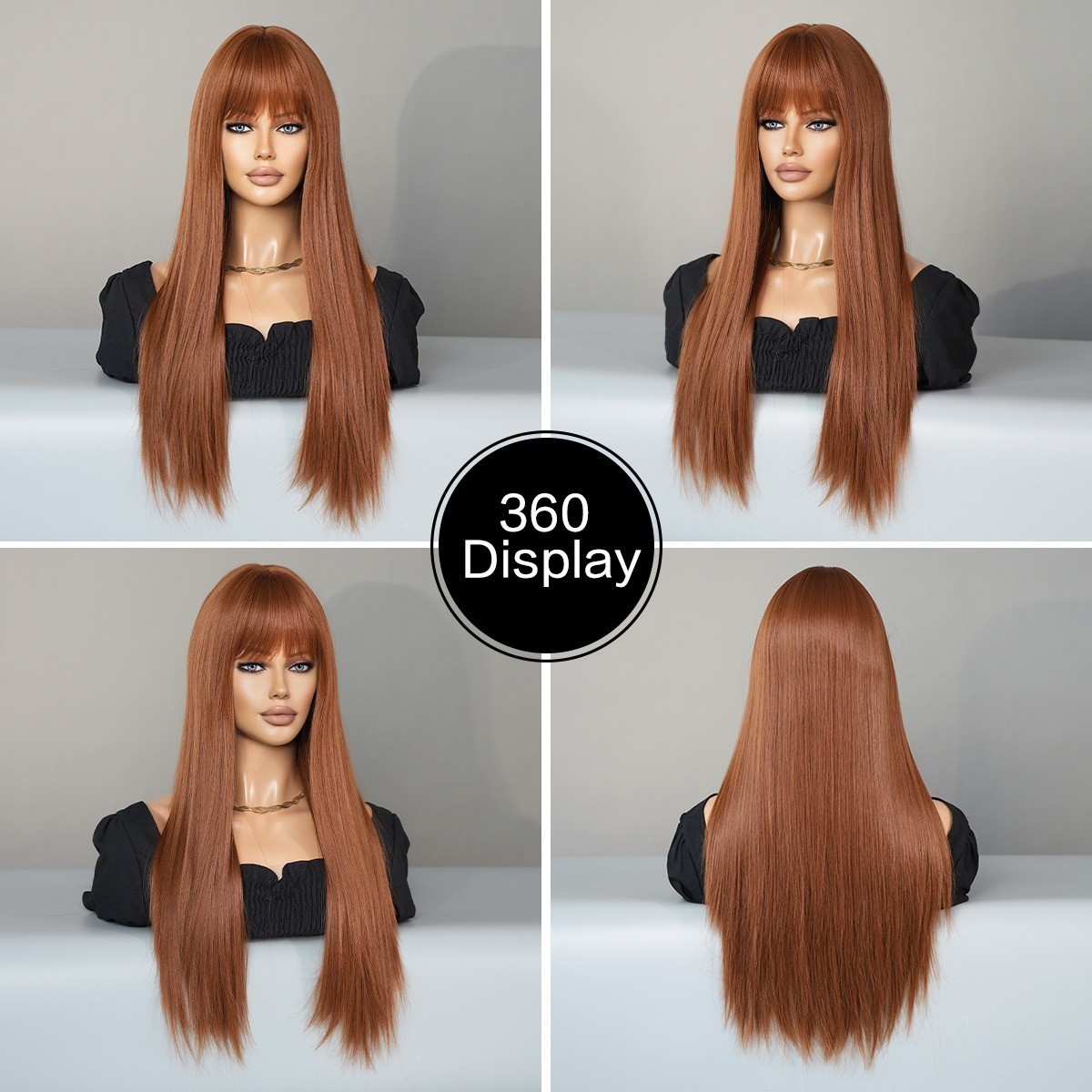 Long Straight Ginger Wig with Bangs for Women Synthetic Hair