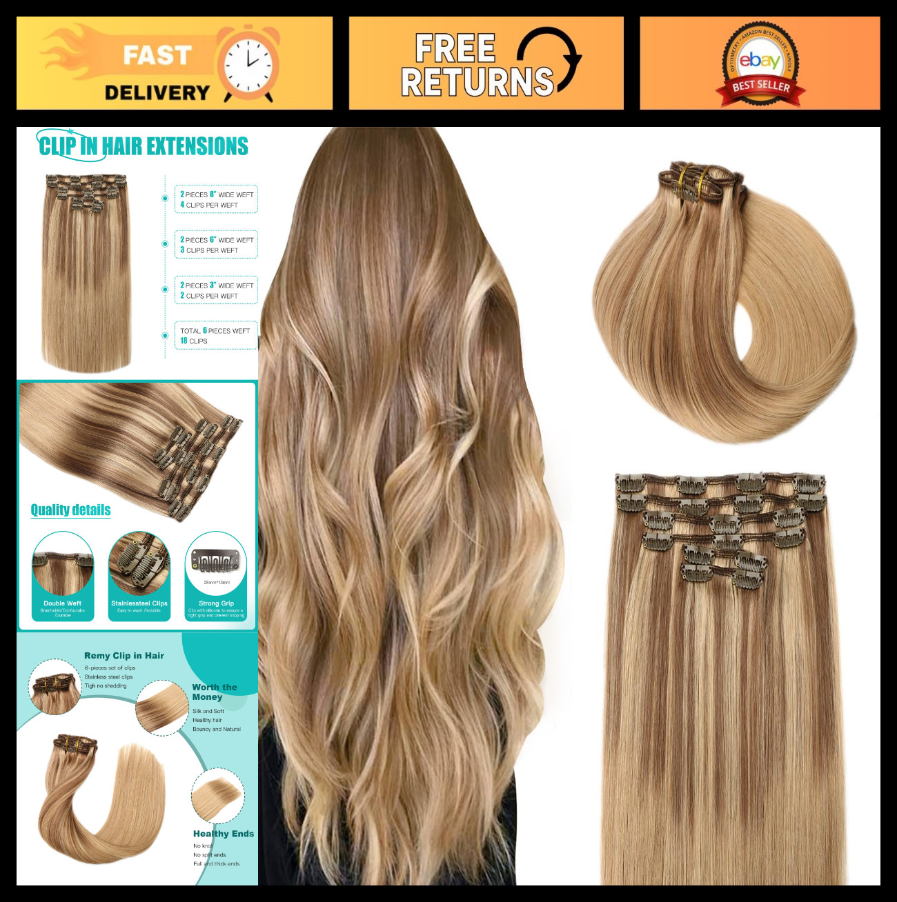20″ Clip-in Human Hair Extensions Golden Brown to Honey Blonde Balayage 120g 6pc
