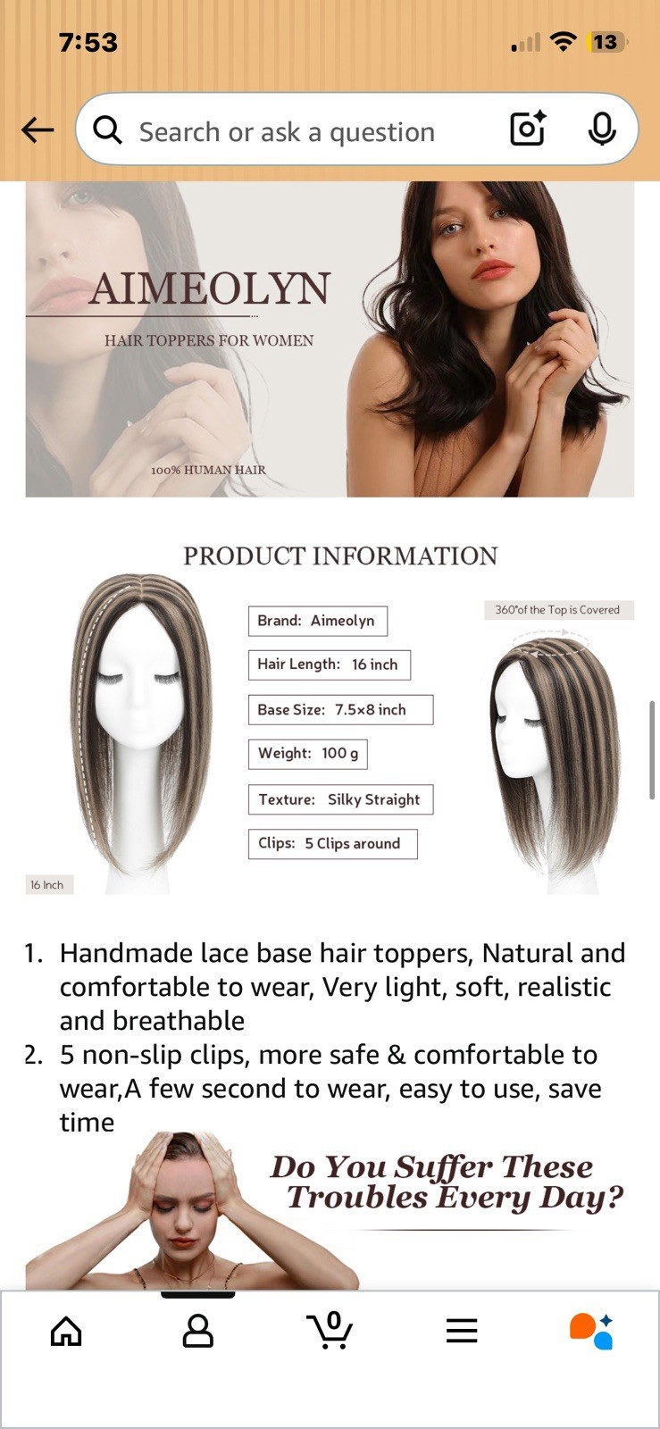 Aimeolyn Human Hair Topper Clip-In Lace Base 16in Brown/Blonde 5 Clips