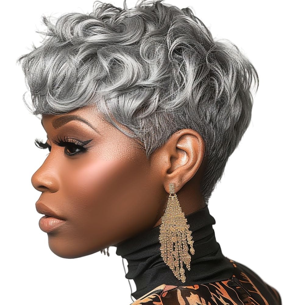 6″ Short Pixie Wigs Black Women Short Black Curly Pixie Synthetic Hair Wigs