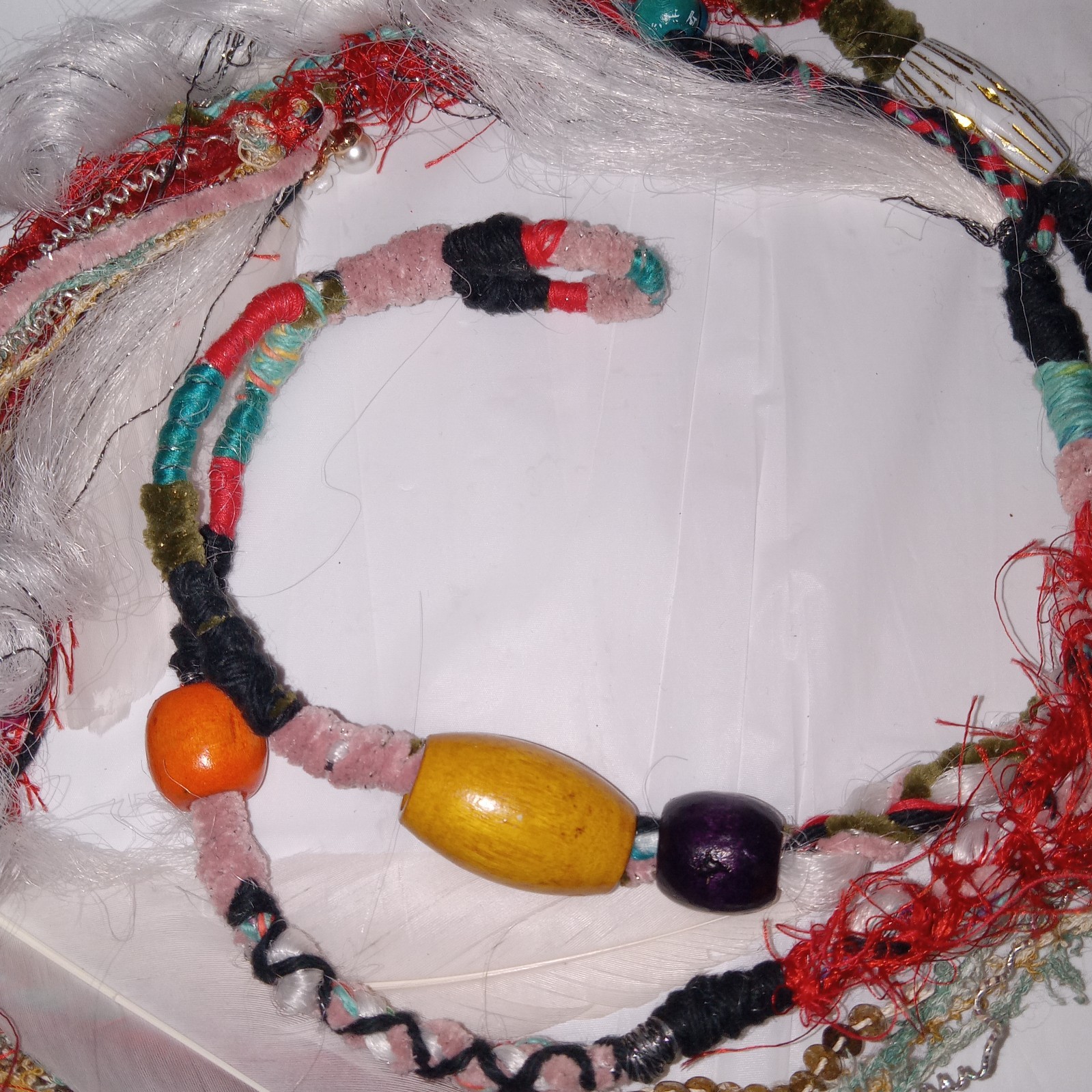 62″ double-ended Dread white loc Hair Wraps Beads Boho feather extension Ombre