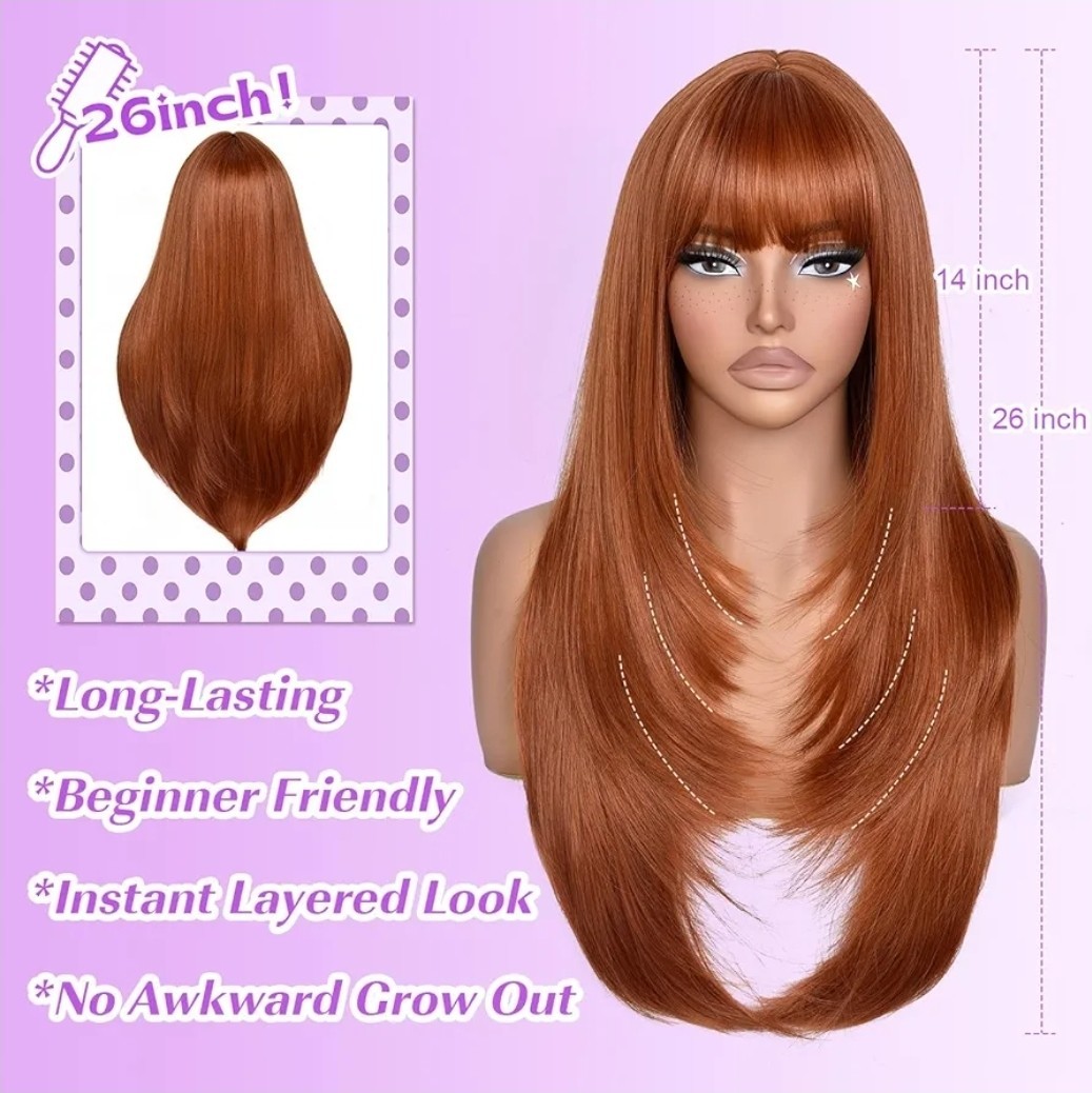 Wig Long Layered Straight with Bangs Auburn / Copper / Red heat resistant Hair