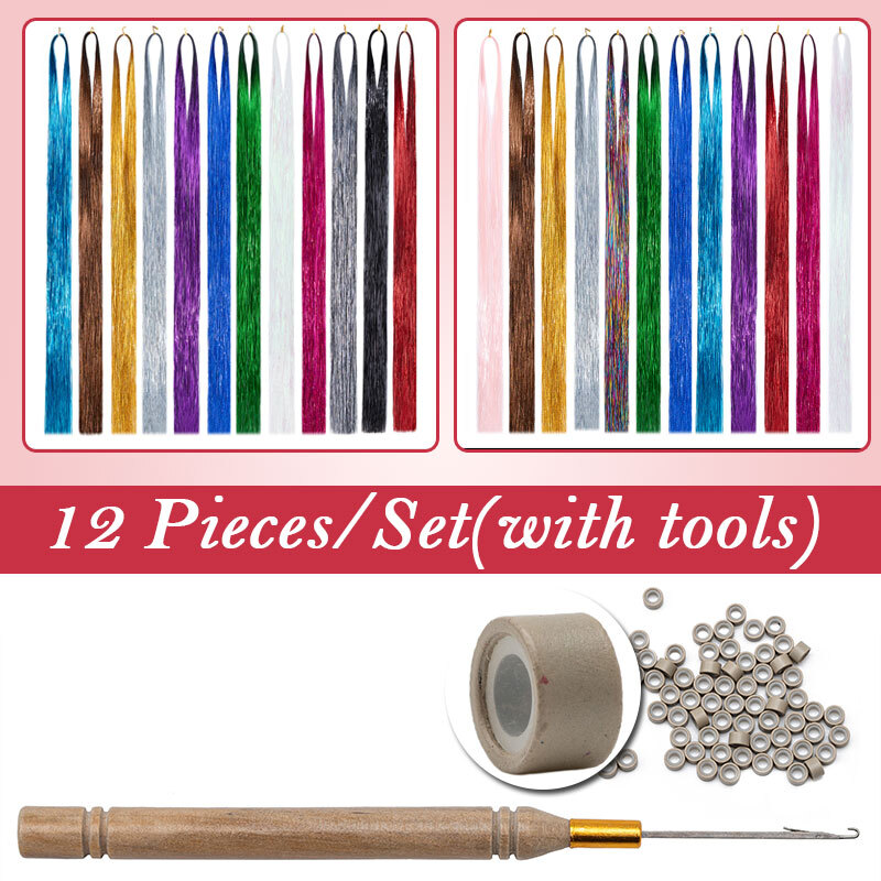 US Hair Tinsel Extension 12 Colors 47 Inch 200 Strands Fairy Holographic Sparkle