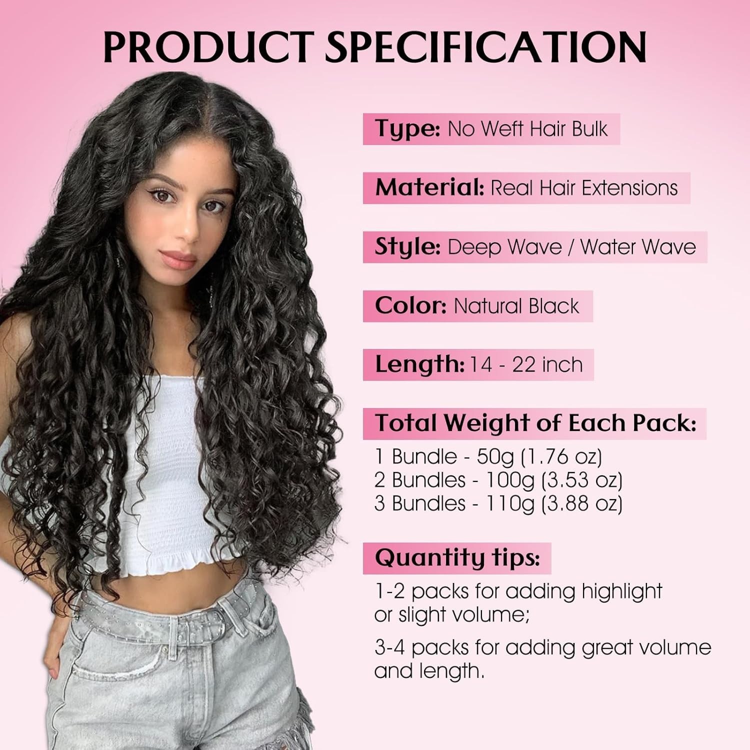 2 Bundles 15in Human Hair Extensions Water Wave No Weft #1B Natural Black 100g