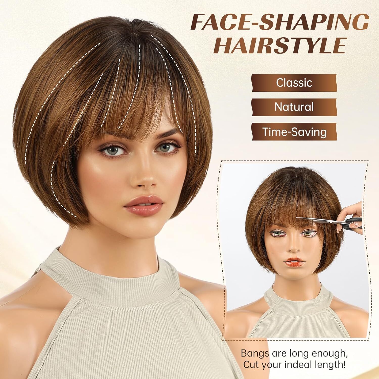 Ombre Ash Brown Wigs Human Hair for Women Remy Human Hair Wigs with Bangs