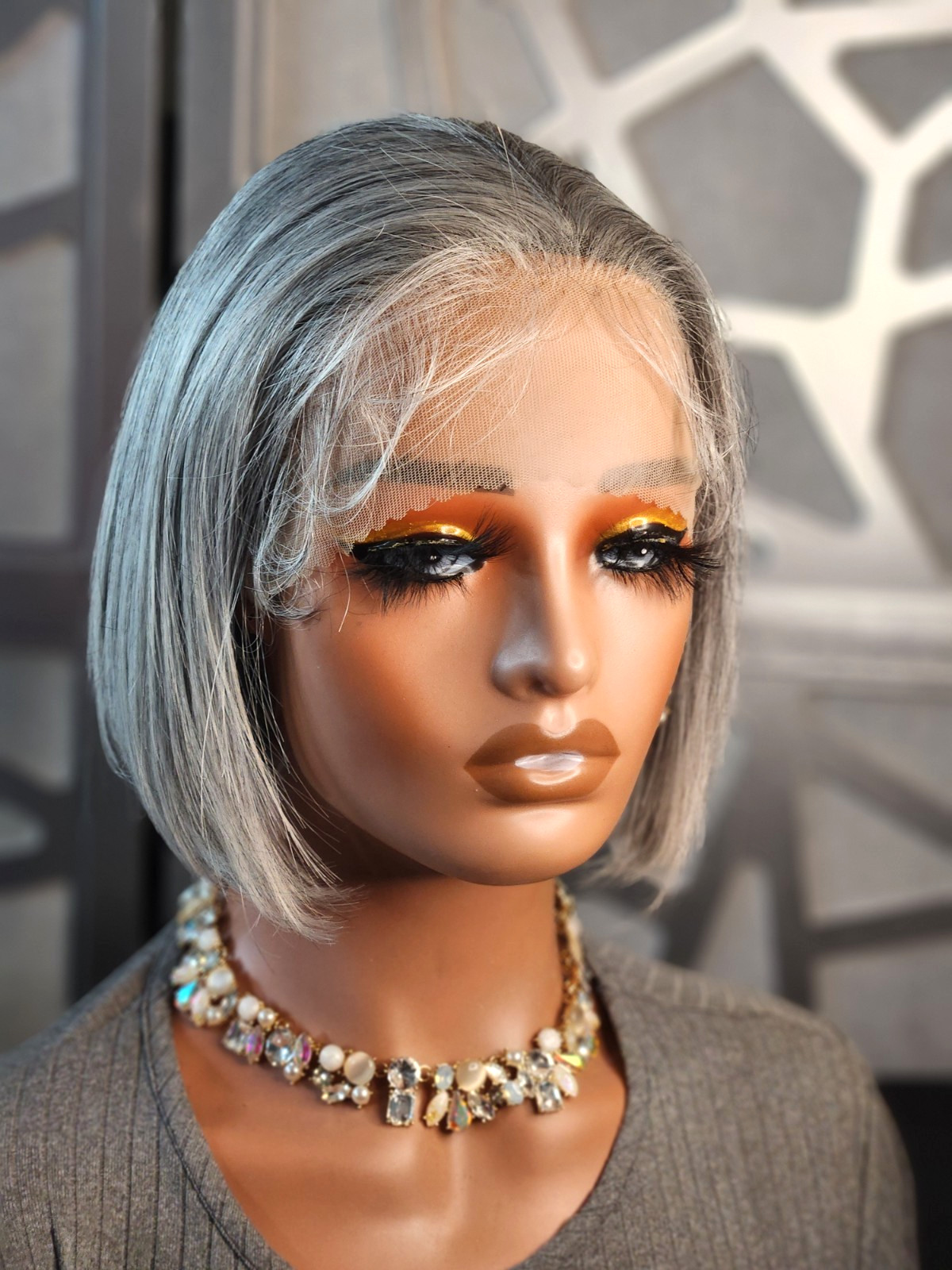 Discounted Gray Human Hair Wig Accidentally Cut Short in Back Lace Front Silver