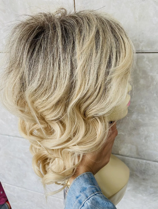 Medium Fluffy Wavy Dark Roots Blonde Mix Synthetic Hair Wigs Women Natural 613