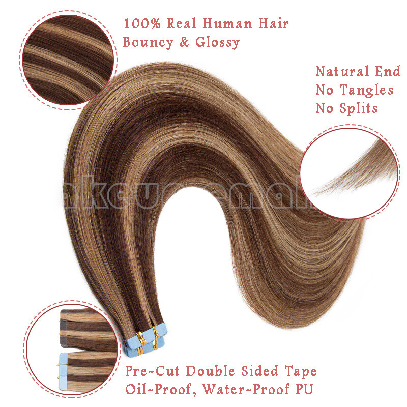 Tape In Skin Weft Real Remy Human Hair Extensions 60pcs Full Head Dark Color