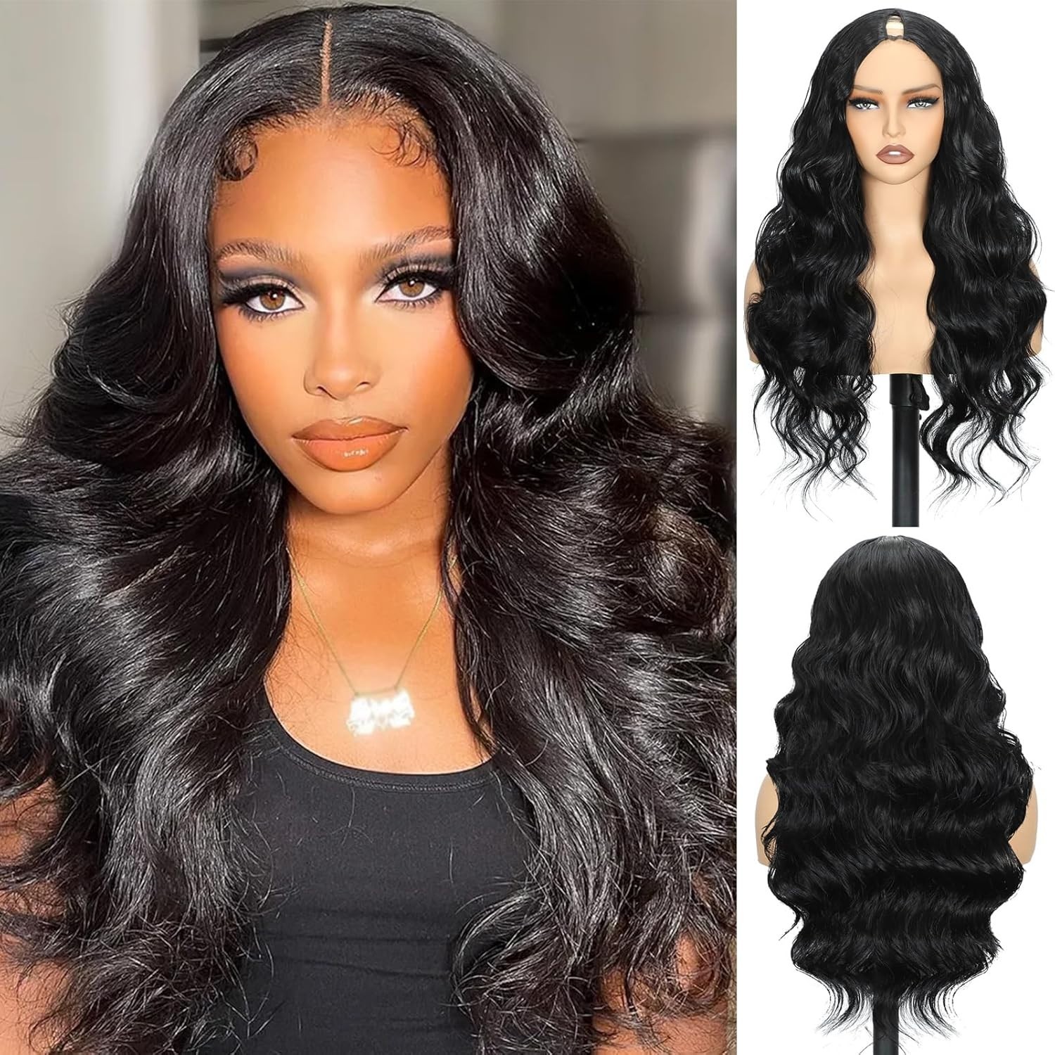 Aisaide 24″ V Part Wig Black Body Wave – Glueless Clip In Synthetic Half Wig