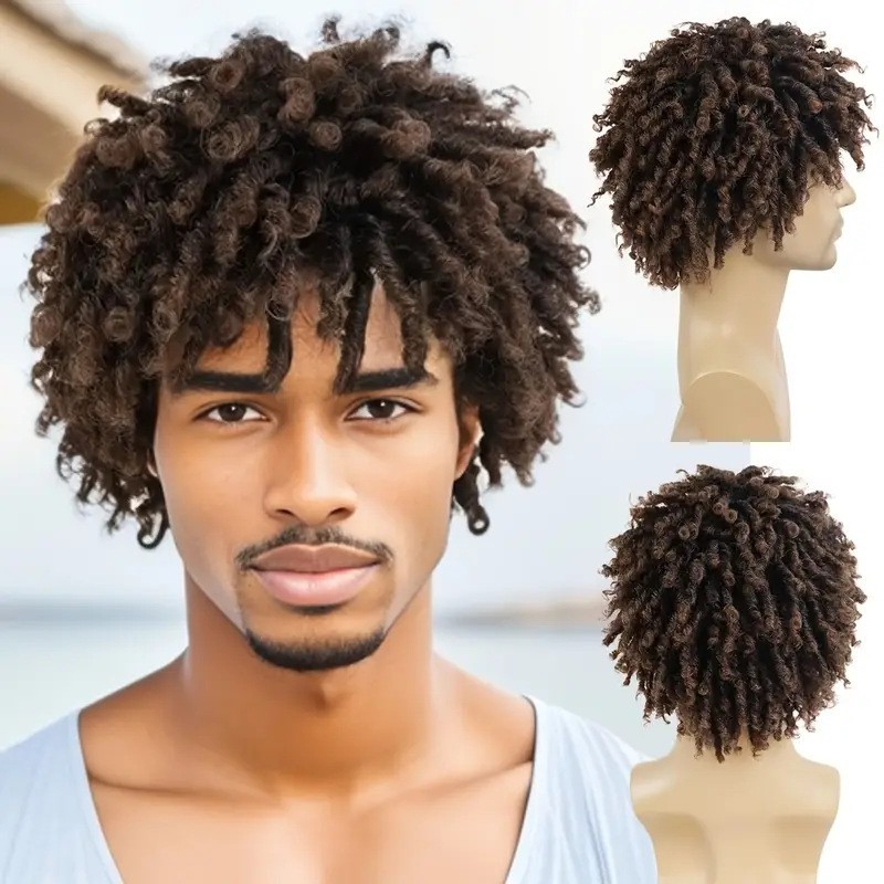 Men’s Short Afro Kinky Curly Synthetic Wig African American Twist Hair Black Bro