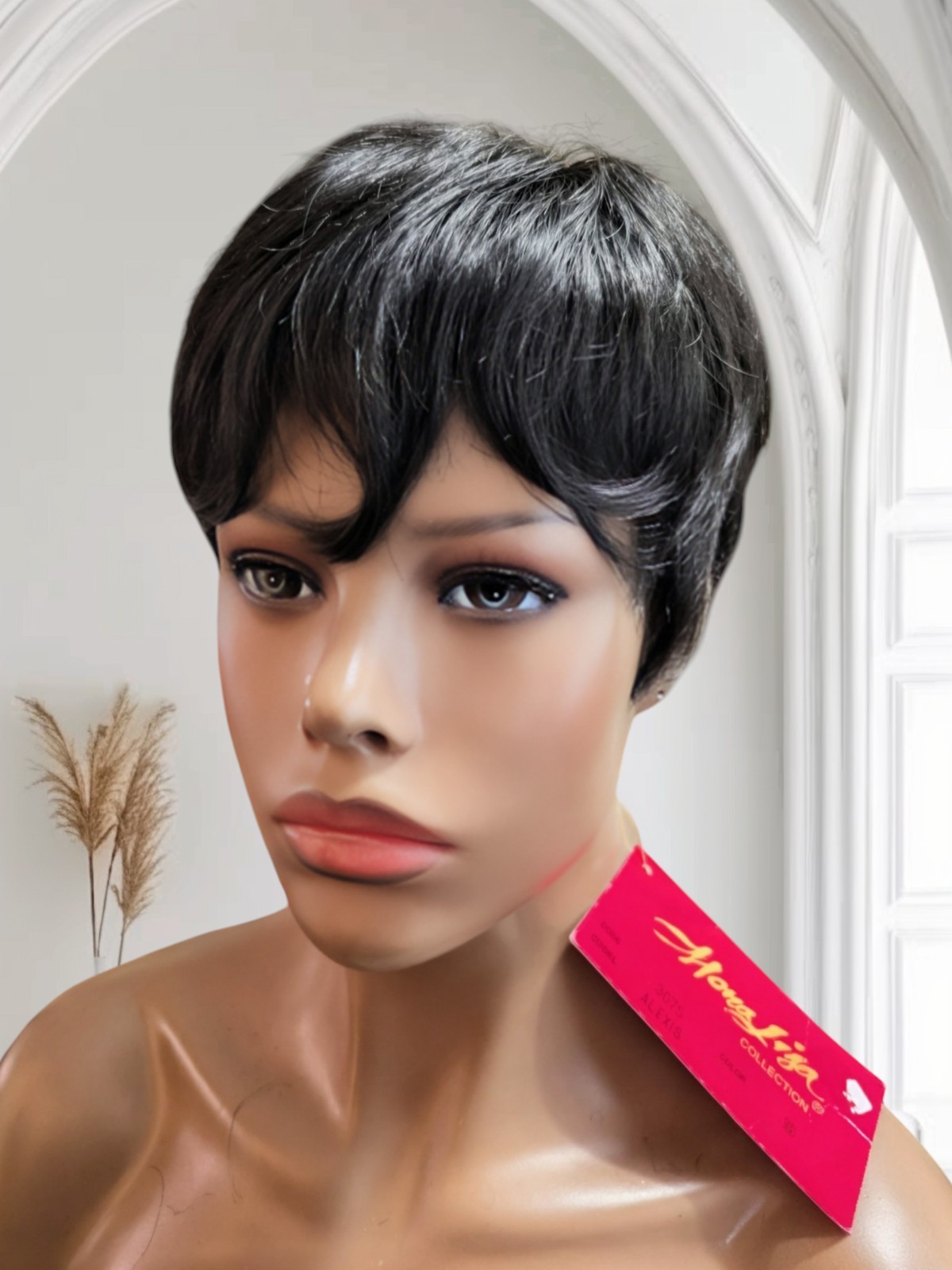Smooth Short Synthetic Pixie Straight Wig Whispy Bangs Color 1B Off Black
