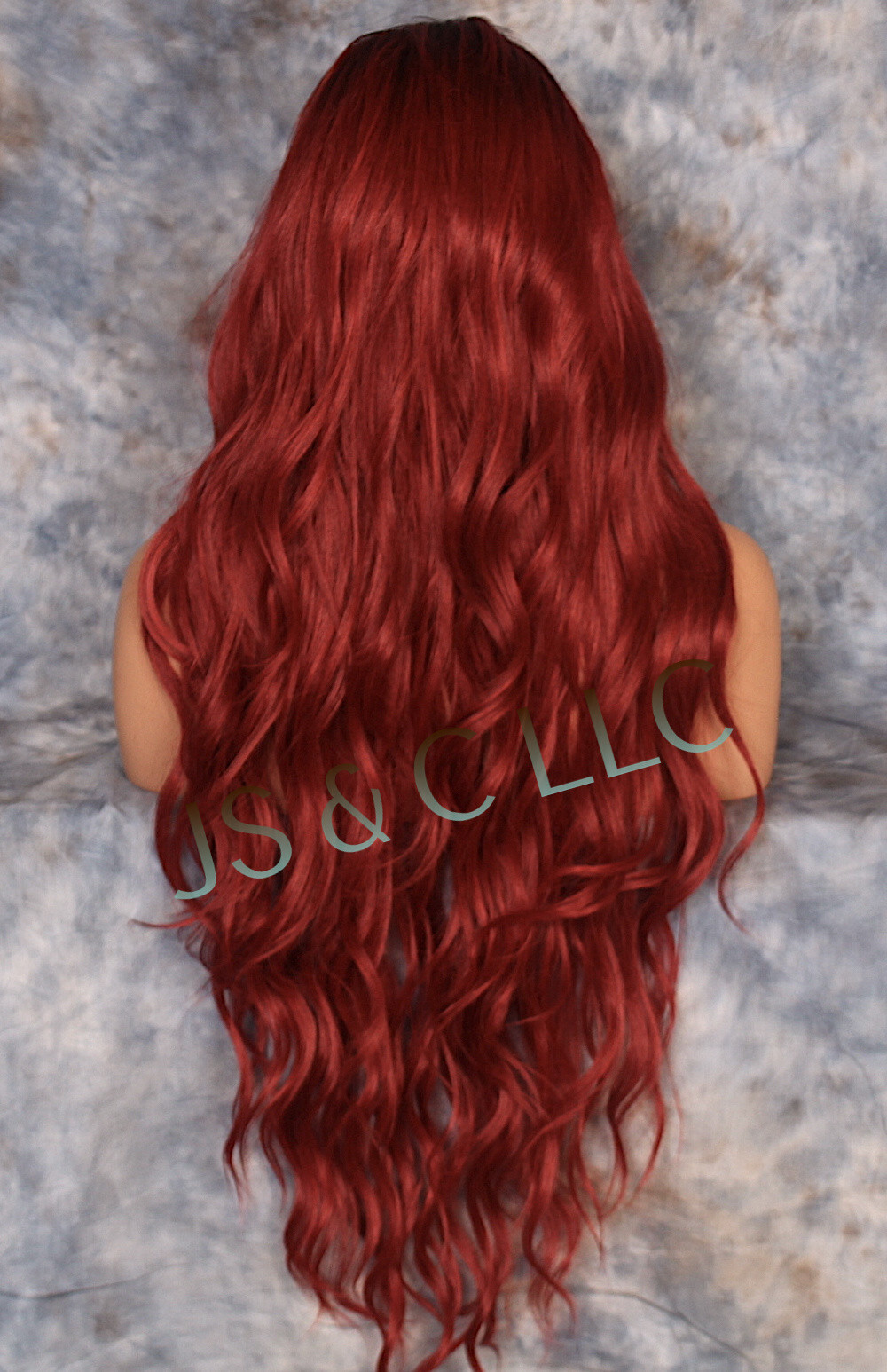Human Hair Blend 40″ Long Full Wig Heat OK Wavy bangs JSSH Black roots Red Wine