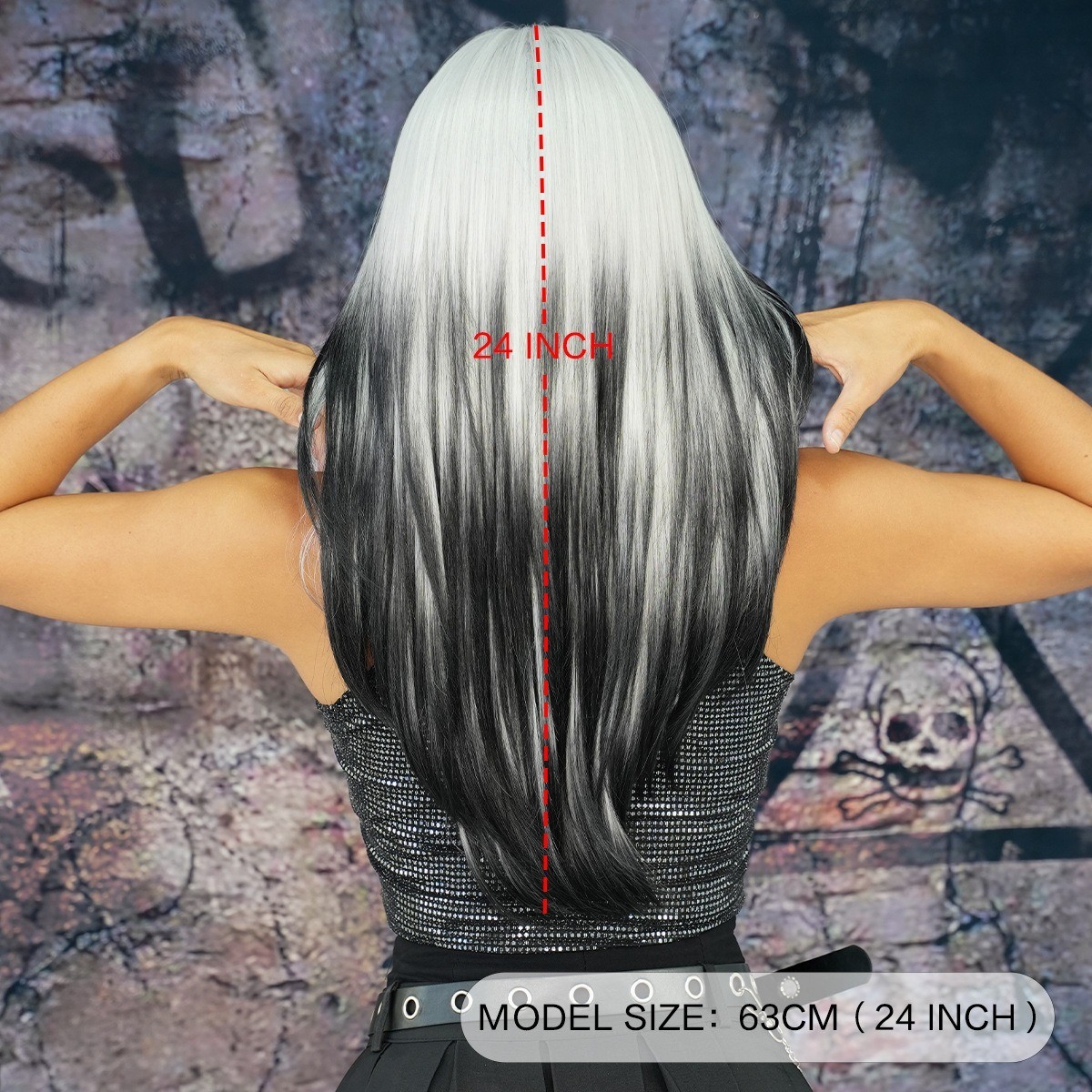 Silver-white gradually darkening black long straight hair high-level wig