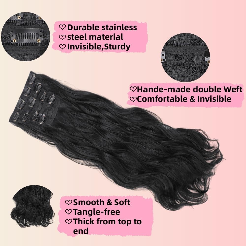 MEZIRU 20” Clip-In Hair Extensions 4pcs Wavy Synthetic Full Head Double Weft Bla