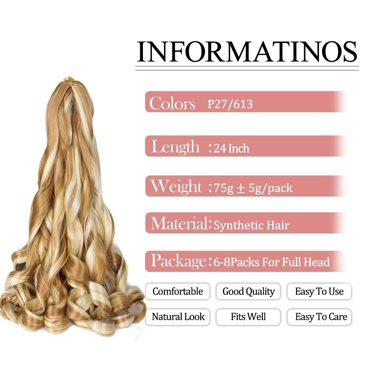 Soft & Silky 24-Inch Bouncy Crochet Hair – 8 Packs of Synthetic Curls