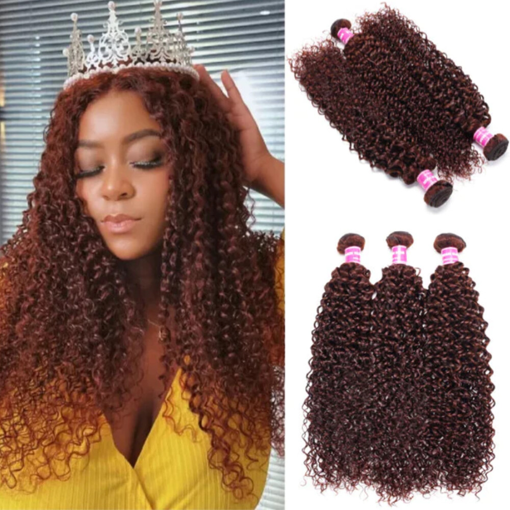 UNice Mongolian Reddish Brown Curly 3 Bundles Human Hair Weaves Cooper Red Wefts