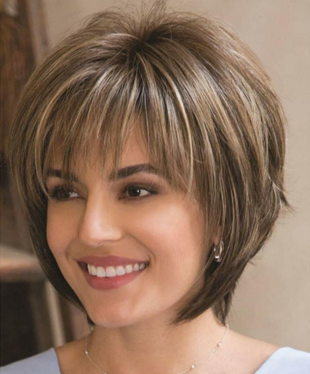 Short Dark Brown Mixed Blonde Highlight Pixie Cut Wigs with Bangs Synthetic Wigs