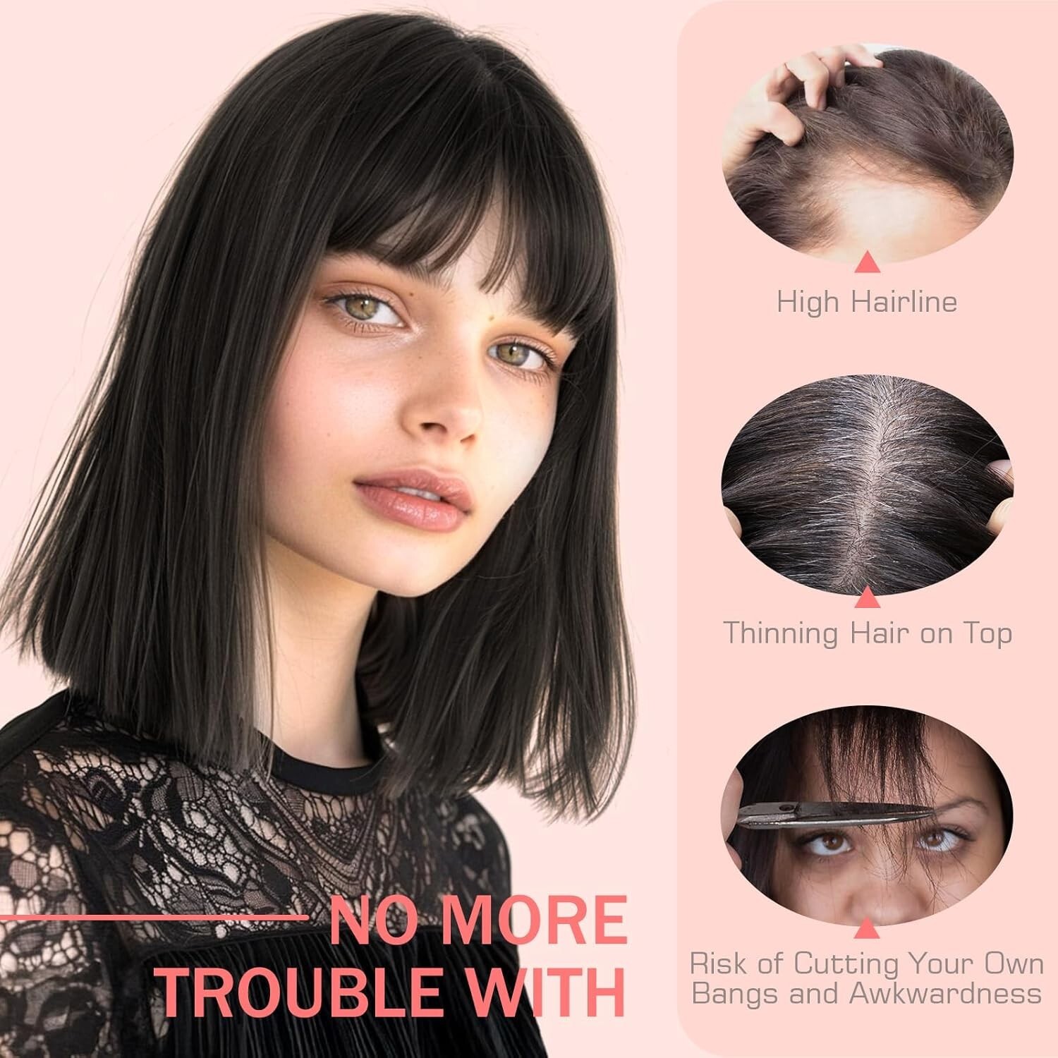 100% Human Hair Topper w/ Bangs 3D Clip on 10 In #1 Dark Black Greyish on Top