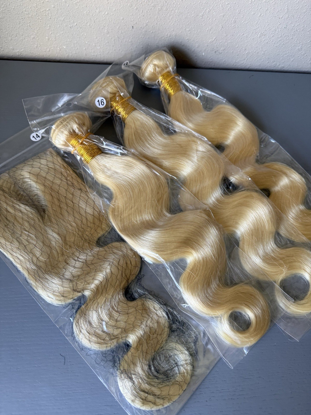 100% Virgin Human Hair Extensions 613 blonde 3 Bundle with closure 16”18”20+14