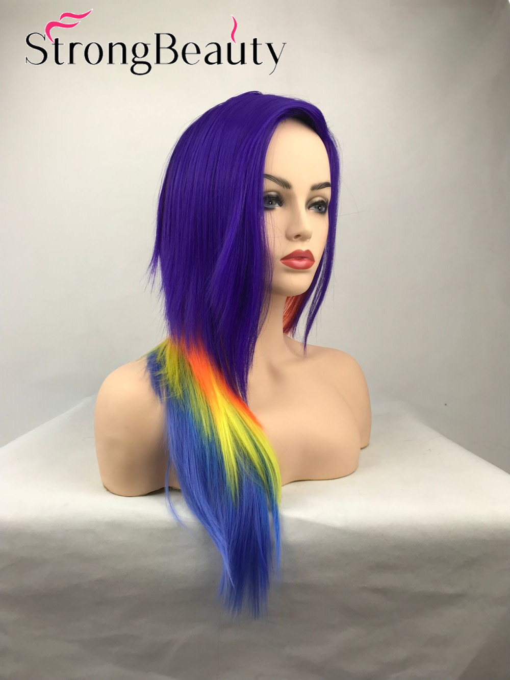 Long Rainbow Cosplay Wig Ponytail Multi Color Synthetic Wigs