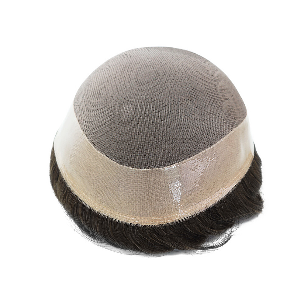 Mens Human Hair Replacement System Hairpiece Mono Poly Skin Toupee Dark Brown#2