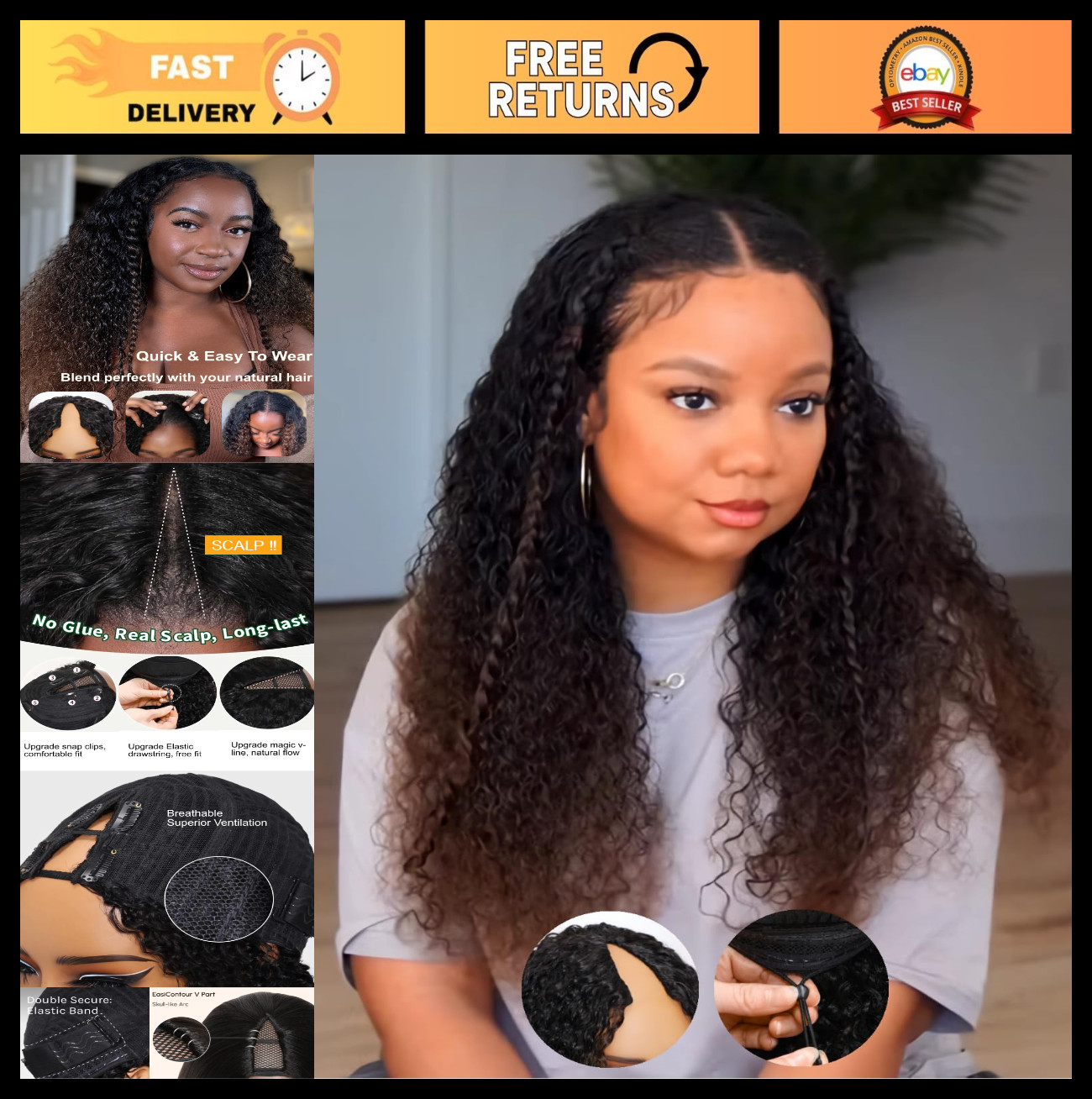 Curly V Part Wig 18″ Human Hair Ombre Black to Chestnut Brown, Glueless Clip-In,