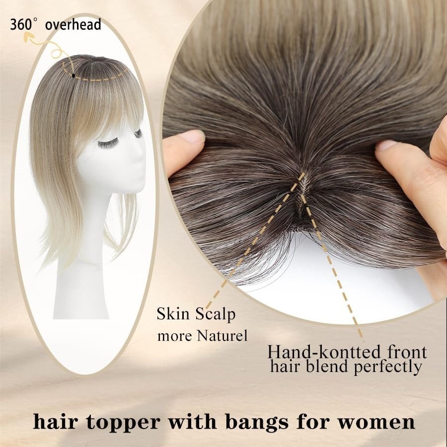 Women Hair Topper with Bangs Long Straight Ombre Blonde Clip In Crown Piece New