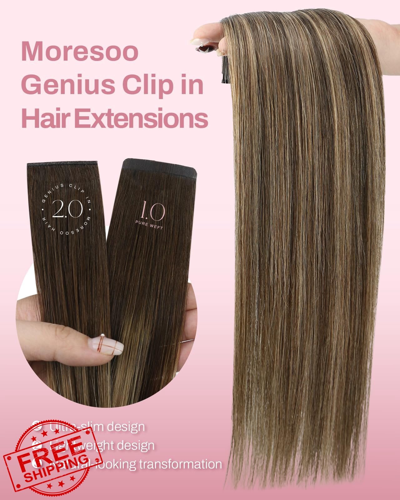 Moresoo Medium Brown Caramel Genius 22 inch 130g clip hair extensions