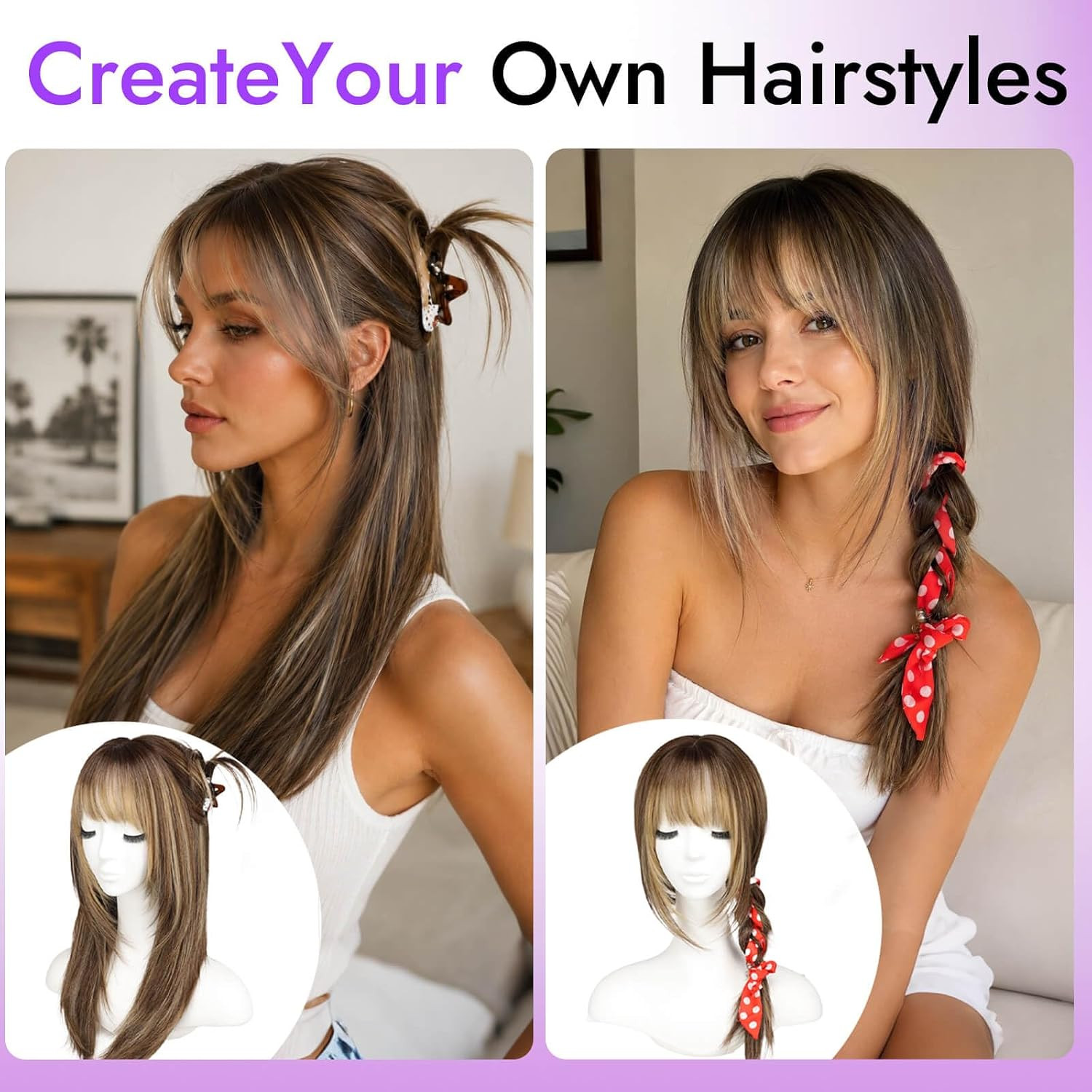 Wig with Bangs for Women Brown Blonde Highlight Straight Face-Framing Layers Hai