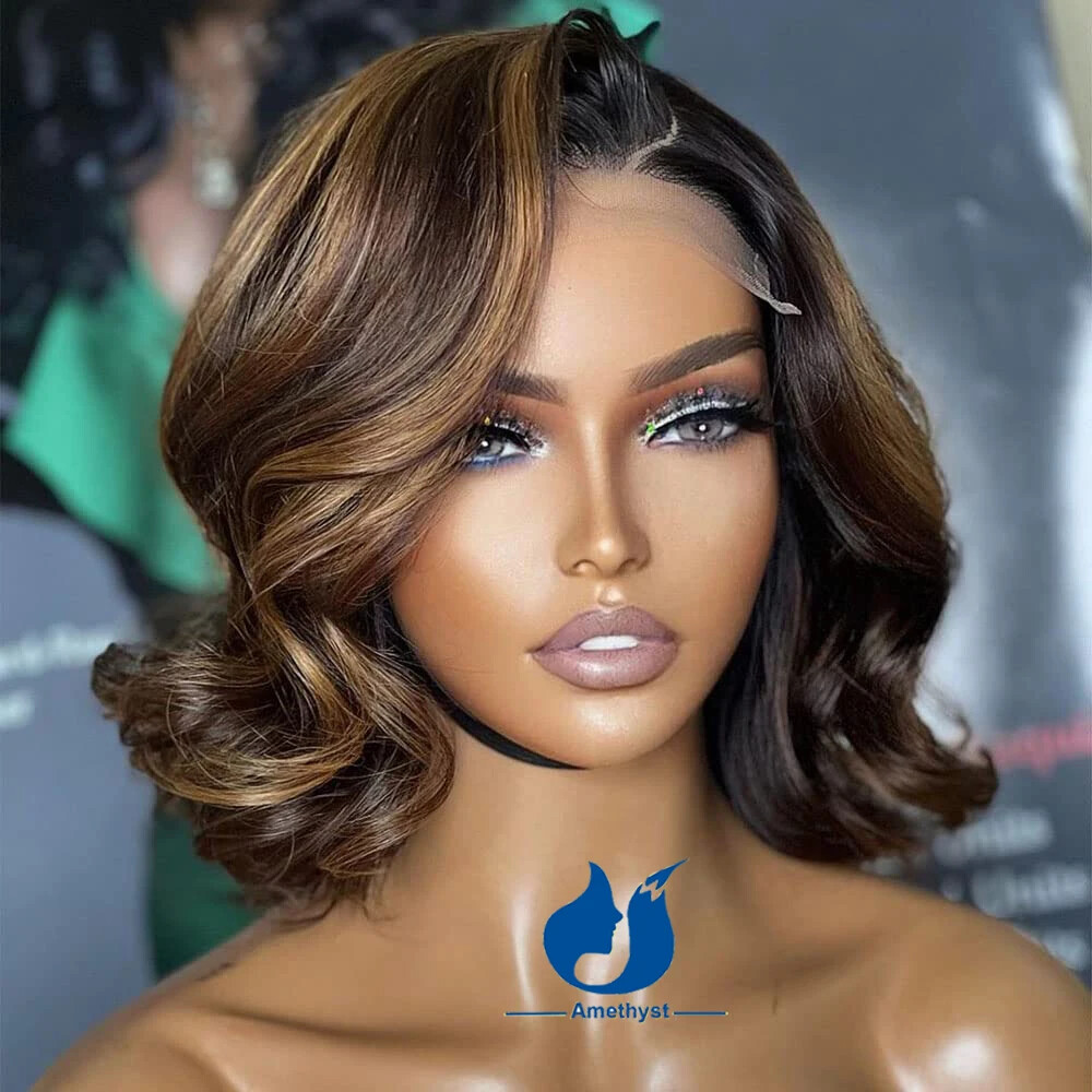 Short Wavy Ombre Blonde 13X6 Lace Front Human Hair Wigs Deep Part Highlight