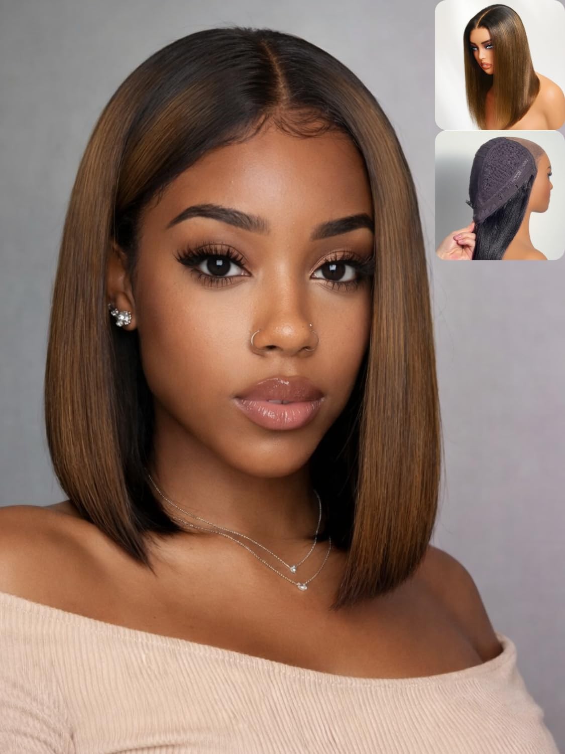 Nadula Ombre Brown Yaki Straight Bob Wig Human Hair – Glueless Pre Cut 7×5 HD…