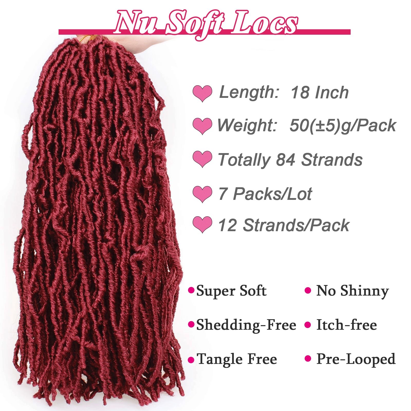Leeven 18 Inch 7 Packs Synthetic Soft Locs Crochet Hair 84 Roots Burgundy Messy