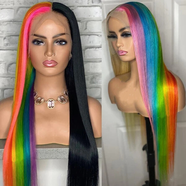 Half Black Blonde Red Half Rainbow Lace Front Wig Long Straight Synthetic T part
