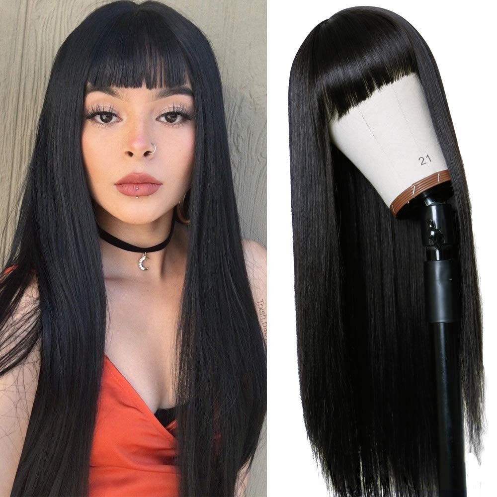 Full Machine-Made 24-Inch Natural Black Wig with Bangs – Versatile & Comfortable