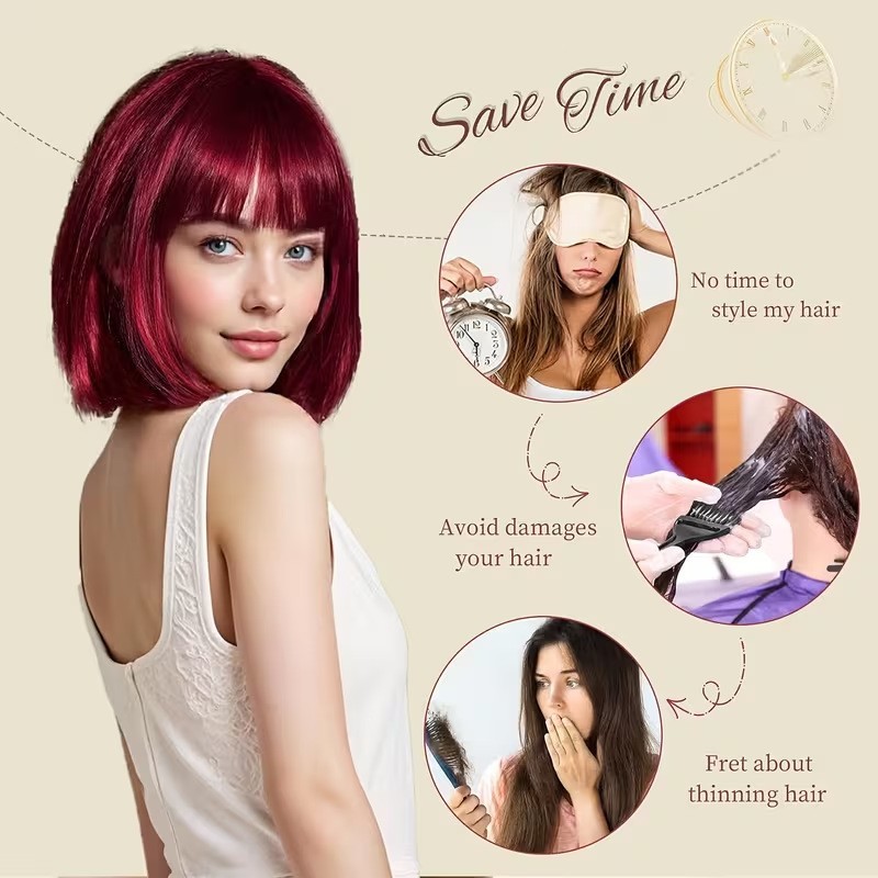 Women Short Bob Wig Burgundy Red with Bangs Straight Synthetic Hair Full Wig 12i