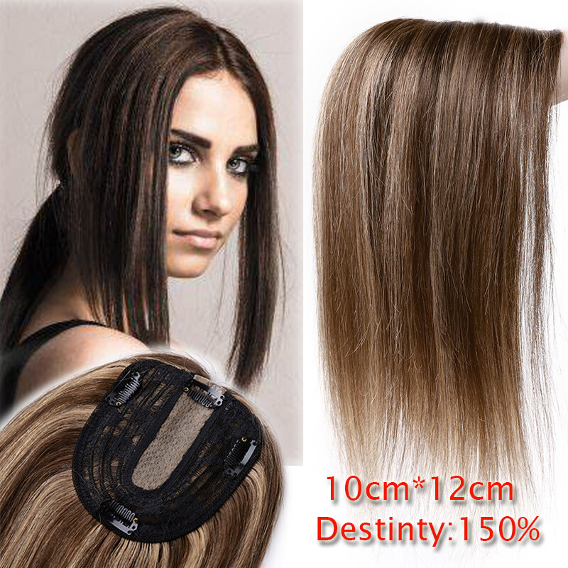 Silk Base 100%Human Hair Topper Clip in Hairpiece Wig Toupee Top Piece Side Part