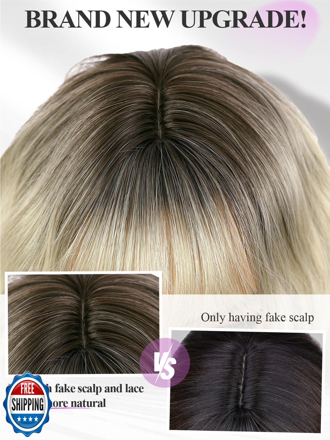 WIGER Short Ombre Ash Blonde Wave Hair with Bangs Synthetic Bob Curly Wigs Di