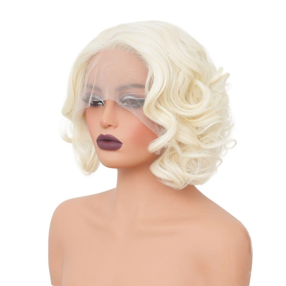 Salaibs Platinum Blonde Short Curly Lace Front Wig for Women, Synthetic