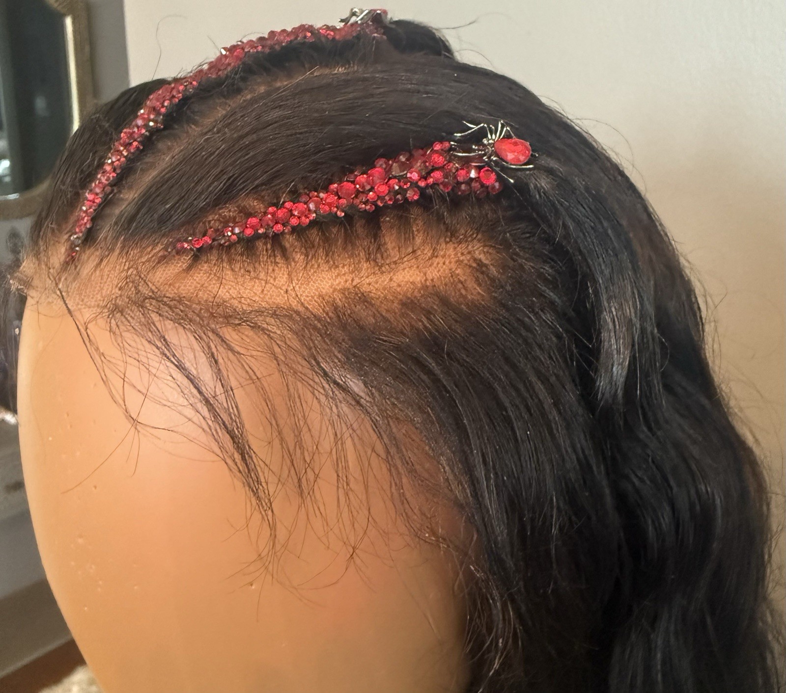 Custom styled human hair wig worn once. 13×6,30 in. w braids, crystals & spiders