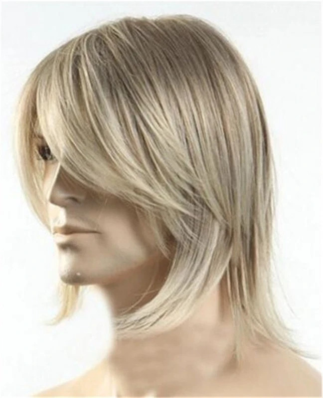 Men’s Wig Med-Length Casual Light Brown Straight Human Hair Wig+Wig Cap