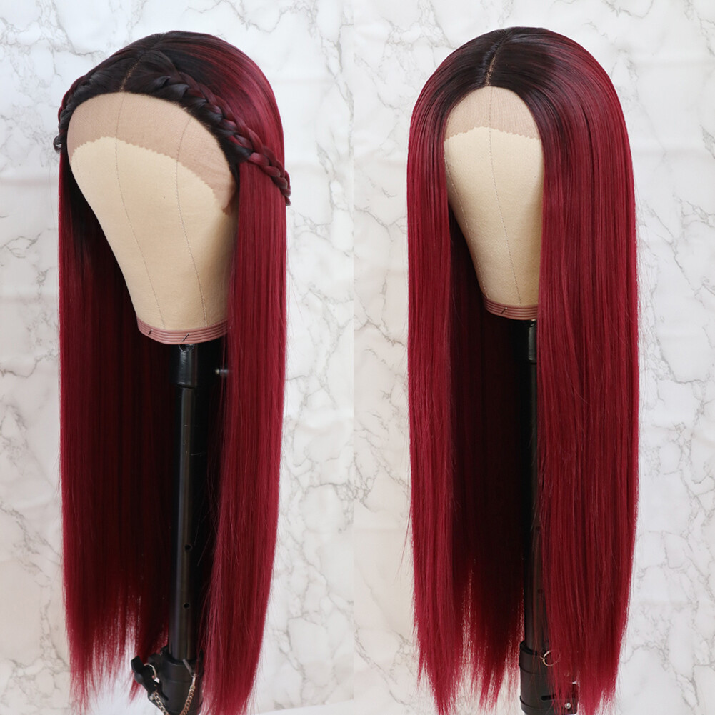 Long Straight Soft Hair Ombre Burgundy Synthetic Lace Front Wigs Heat Resistant