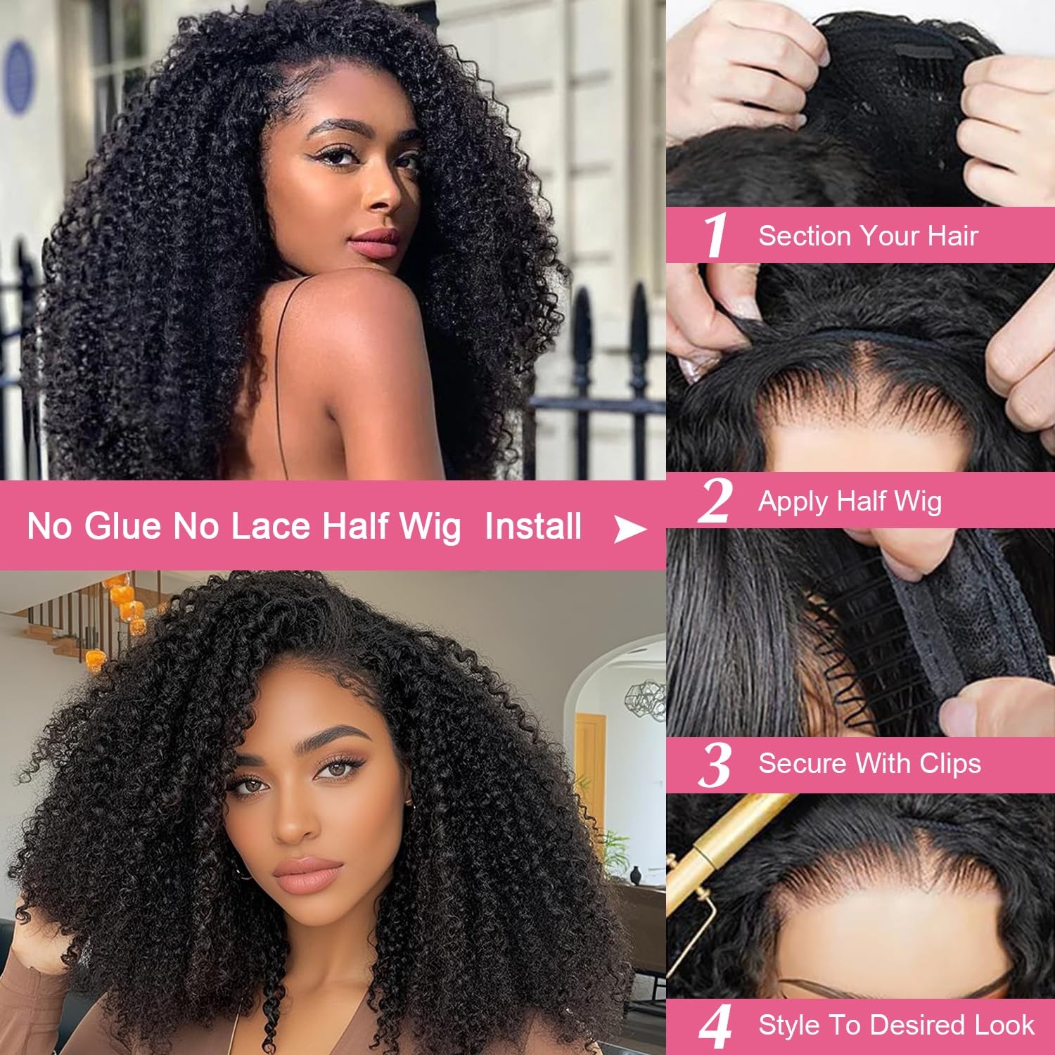 Hwowig Curly Half Wig Human Hair Wear And Go Glueless Wigs Human Hair 200