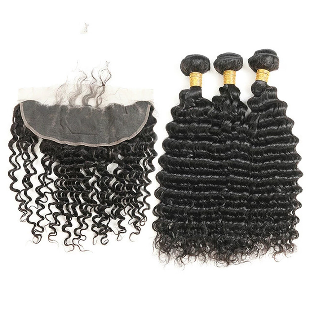 100% Human Hair Black color 1B Deep Wave 3 Bundles with Frontal