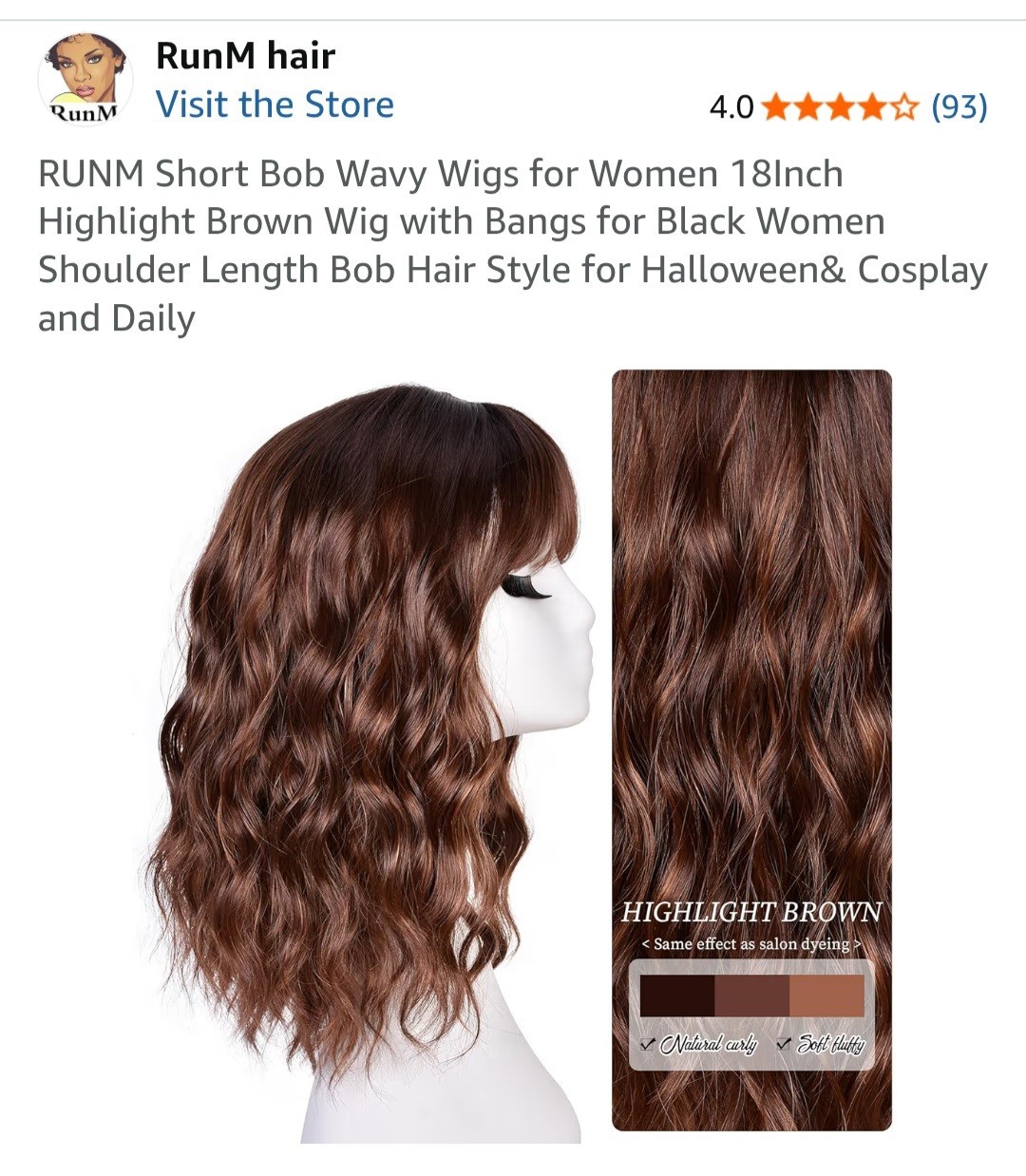 RunM Hair 16in Highlight Brown Wavy Bob Wig w/ Bangs, Wig Cap Simulation Scalp