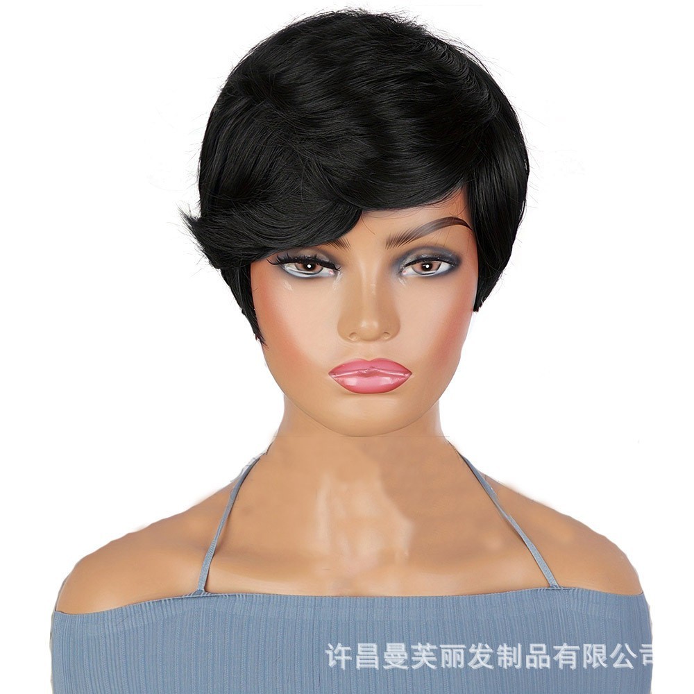 Natural Black Short Straight Wig With Bangs Rose Net Synthetic Full Wig For