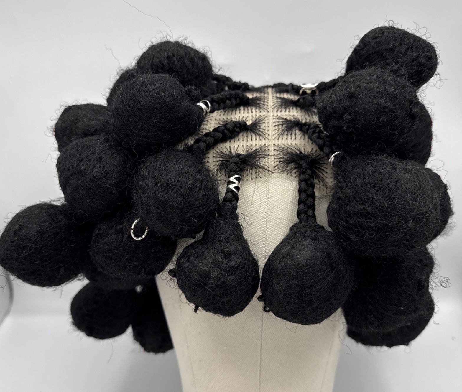 Box Braids To Pom Pom Black Wig With Hair Accessories Full Lace